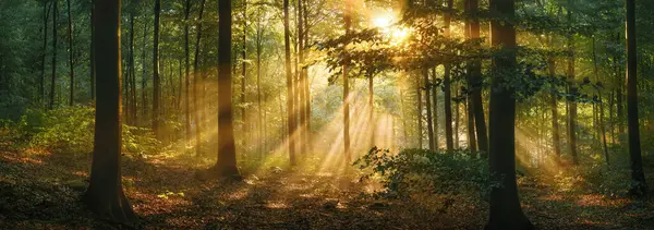 パノラマビューを照らす素晴らしい金色の日光で霧の木の風景を通して日光を魅了します 自然の美しさの静かな風景写真 ストックフォト