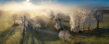 Kış Harikalar Diyarı, Avrupa 'da eski bir çiftlik evi olan cennet gibi. Sis, güneş ışınları ve çayırdaki donmuş ağaçlarla panoramik hava manzarası