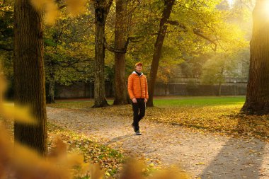 Sonbaharda manzaralı boş bir parkta, yolunu aydınlatan altın bir güneş ışığıyla yalnız bir yürüyüş yapan bir adam.