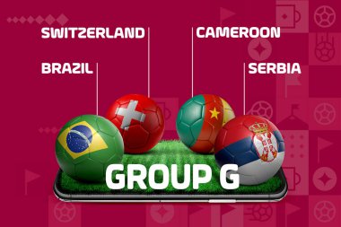 Katar 2022 Grup sahne tablosu, futbol topu resimlerinin 3D sunumuyla, ulusal bayrak tasarımıyla