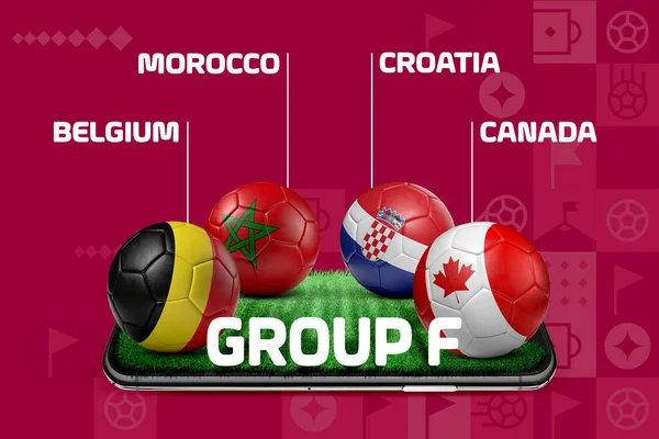 Qatar 2022 Groep Podium Tafel Met Weergave Van Voetbal Voetbal — Stockfoto