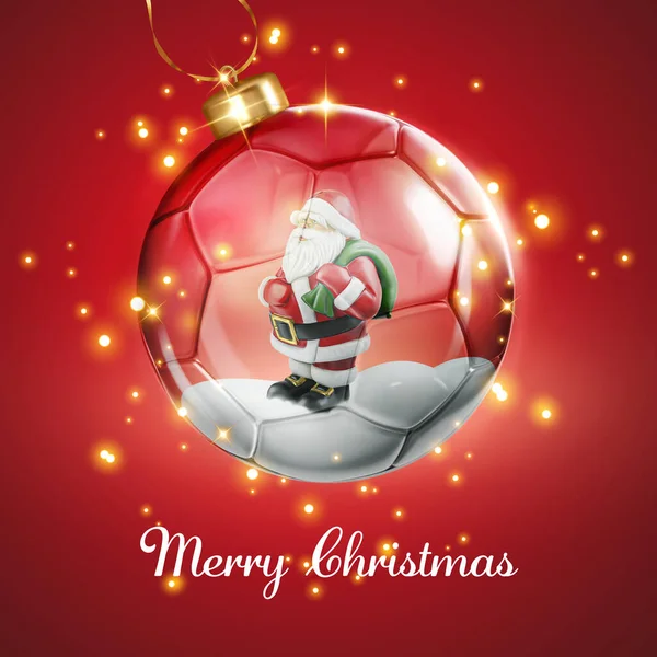 Trouw Kerstkaart Met Transparante Glanzende Voetbal Glazen Bal Kerstman Decoratie — Stockfoto