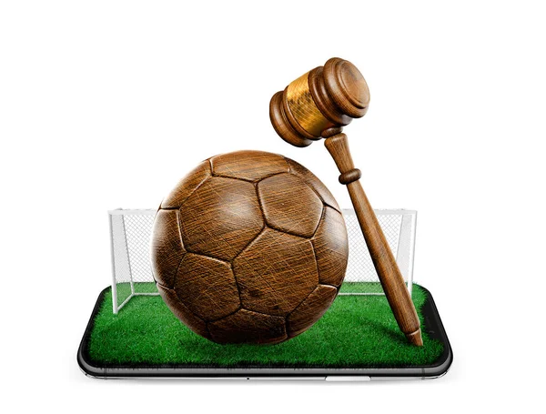 Regulowane Złote Brzmienie Drewnianą Piłką Nożną Młotkiem Smartfonie Zielonym Boiskiem — Zdjęcie stockowe