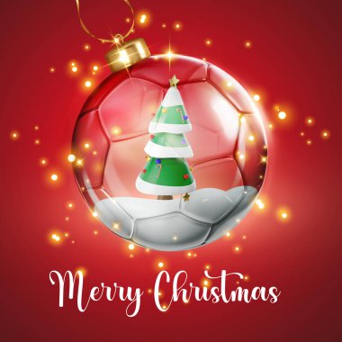 İçinde yeşil Noel ağacı olan şeffaf futbol topu camlı Noel kartı ile evlen.