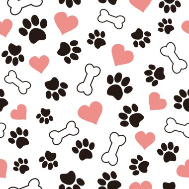 Cute seamless pattern with pet paw, bone and hearts. Cartoon illustration on white background. It can be used for wallpapers, wrapping, cards, patterns for clothes and other. clipart