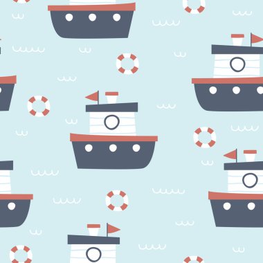 Güzel, kusursuz bir yaz dönemi. Tekneli deniz dokusu. Mavi arkaplanda çocuksu çizimler.