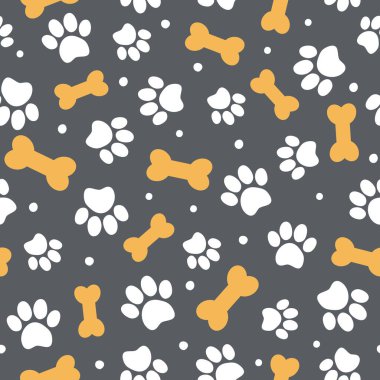 Cute seamless pattern with pet paw and bone. Cartoon illustration on blue background. It can be used for wallpapers, wrapping, cards, patterns for clothes and other. clipart