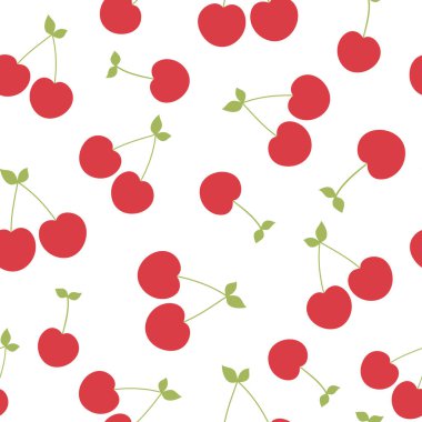 Kirazlı kusursuz desen. Beyaz arka planda yaz meyvesi dokusu. Duvar kağıtları, ambalajlar, kartlar, kıyafetler ve diğer şeyler için kullanılabilir..