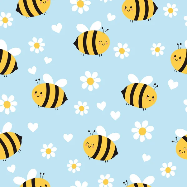 Niedliche Biene Und Gänseblümchen Nahtlose Muster Sommer Oder Frühling Cartoon — Stockfoto