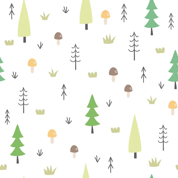 Şirin Ormansız Desen Ağaçlarla Mantarlarla Bitkilerle Dolu Bir Arka Plan — Stok fotoğraf