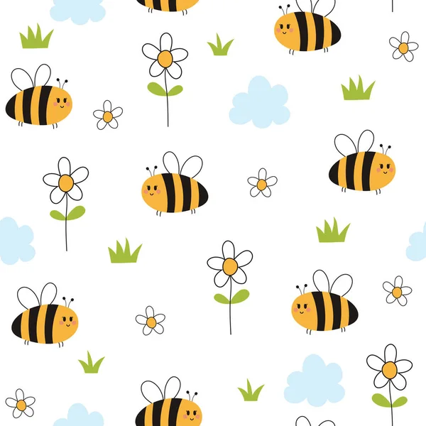Niedliche Honigbiene Nahtlose Muster Sommer Hintergrund Mit Zeichentrickbiene Gänseblümchen Und — Stockfoto