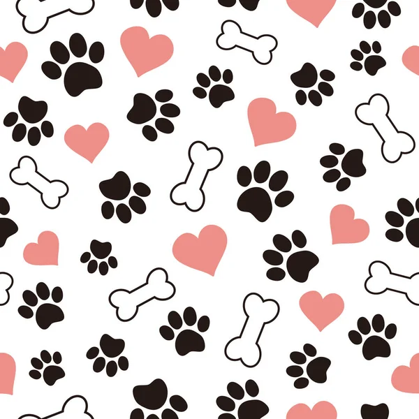 Cute seamless pattern with pet paw, bone and hearts. Cartoon illustration on white background. It can be used for wallpapers, wrapping, cards, patterns for clothes and other.