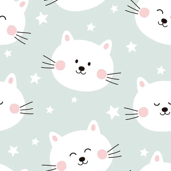 Bezproblémový Dětský Vzor Roztomilými Kočkami Cartoon Pozadí Úsměvem Kočky Hvězdy — Stock fotografie