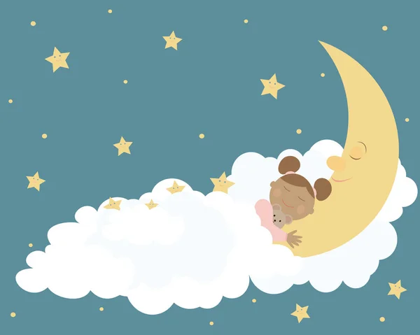 Klein Meisje Slapen Een Bed Van Wolken Maan Met Schattige — Stockfoto