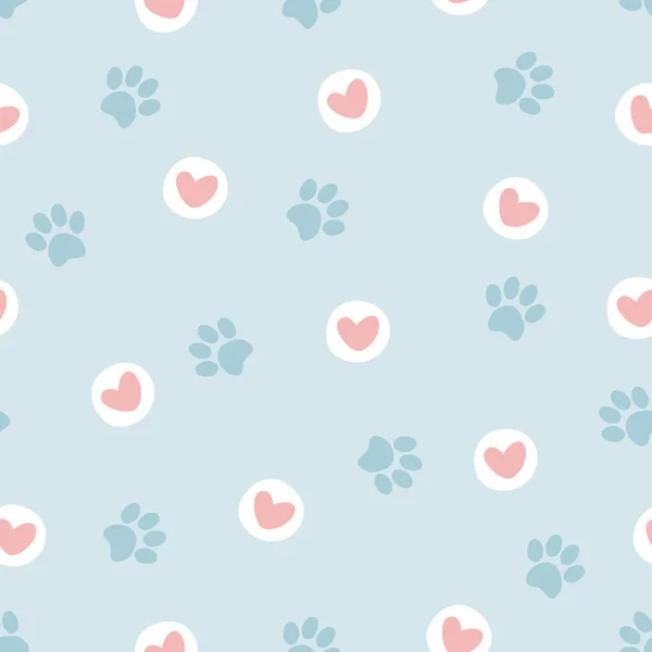 Pet paw seamless pattern.Cartoon illustration with paw and hearts on blue background. It can be used for wallpapers, wrapping, cards, patterns for clothes and other.