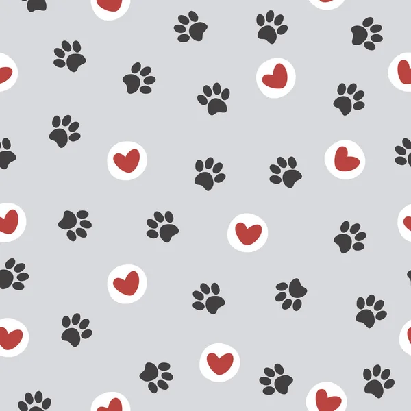 Pet paw seamless pattern. Cartoon illustration with paw and hearts. It can be used for wallpapers, wrapping, cards, patterns for clothes and other.