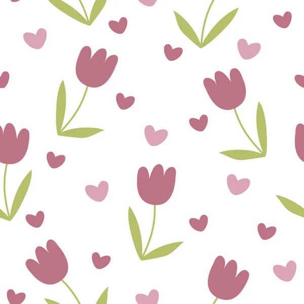Frühling Nahtlose Blumenmuster Tulpen Und Herzen Karikatur Auf Weißem Hintergrund — Stockfoto