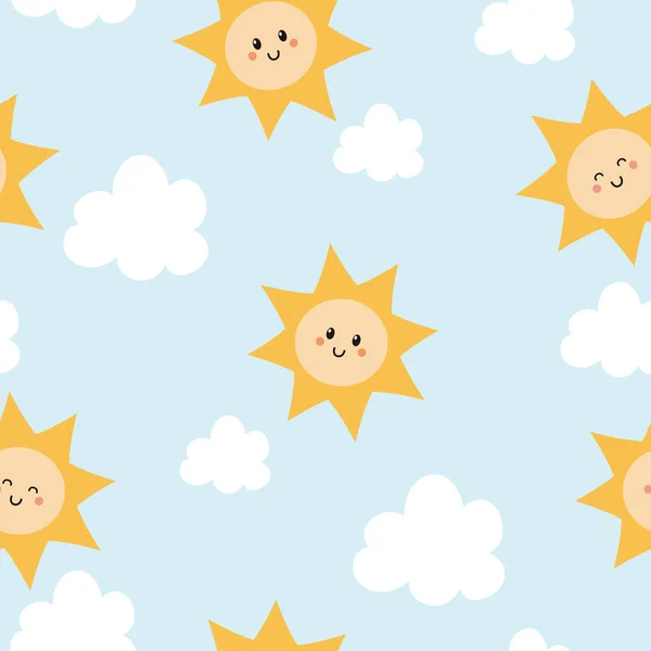 Nahtloses Muster Mit Süßer Sonne Und Wolken Sommer Vektor Illustration — Stockvektor