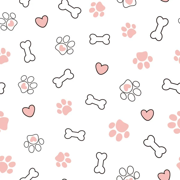 Cute Seamless Pattern Pet Paw Bone Hearts Vector Illustration White — Stock Vector