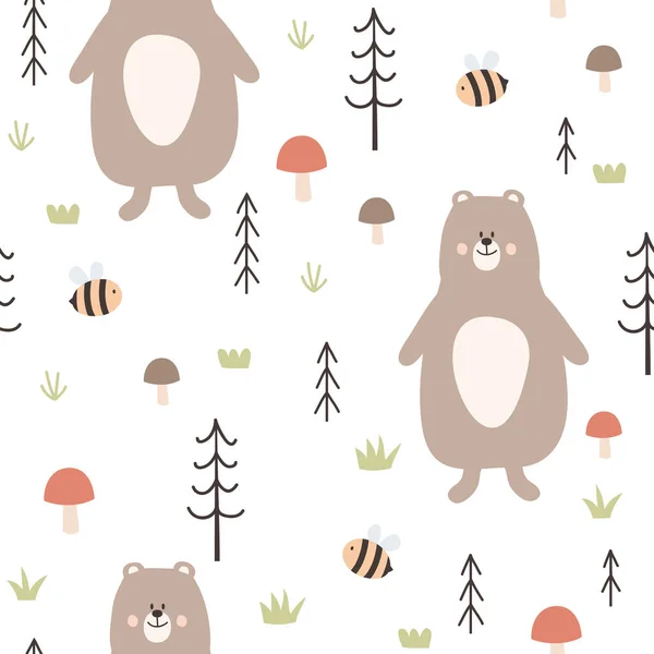 stock vector Forest seamless pattern. Childish texture with cute bear, bee, mushrooms and trees. Vector illustration. It can be used for wallpapers, wrapping, cards, patterns for clothes and other.