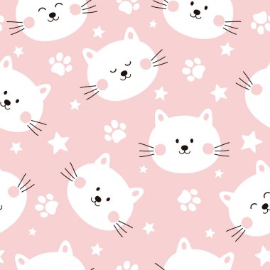 Şirin kedilerle kusursuz bir desen. Kedili karikatür vektör çizimi, pembe arka planda evcil hayvan pençesi ve yıldızlar. Duvar kağıtları, ambalajlar, kartlar, kıyafetler ve diğer şeyler için kullanılabilir..