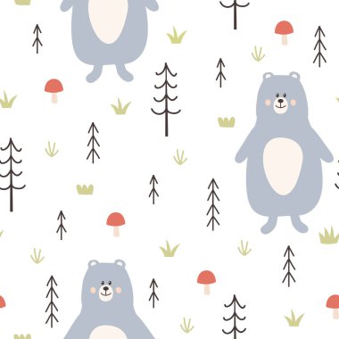 Sevimli, pürüzsüz ayı deseni. Ayı, mantar ve ağaçlı orman dokusu. Vektör çizimi. Duvar kağıtları, ambalajlar, kartlar, kıyafetler ve diğer şeyler için kullanılabilir..