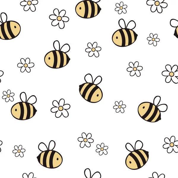 Ωραία Μέλισσα Απρόσκοπτη Μοτίβο Μέλισσες Και Μαργαρίτες Εικονογράφηση Διανύσματος Λευκό — Διανυσματικό Αρχείο