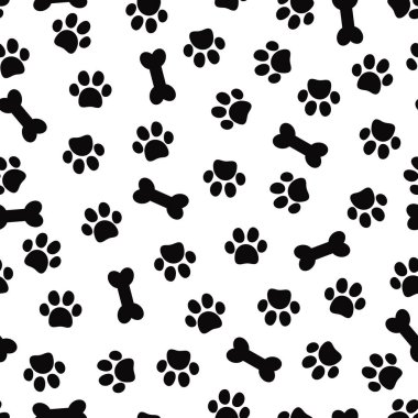 Hayvani pati izleri kusursuz desen. Beyaz arka planda köpek pençesi izi ve kemik. Duvar kağıtları, ambalajlar, kartlar, kıyafetler ve diğer şeyler için kullanılabilir..