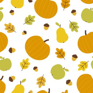 Balkabağı pürüzsüz desen. Balkabağı, elma, armut, meşe palamudu ve güz yapraklarıyla sonbahar arkaplanı. Vektör illüstrasyonu.