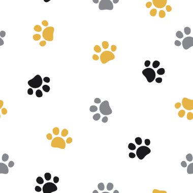 Evcil hayvan pençesi izi kusursuz desen. Beyaz arka planda kedi ya da köpek pençesi olan vektör çizimi. Duvar kağıtları, ambalajlar, kartlar, kıyafetler ve diğer şeyler için kullanılabilir..