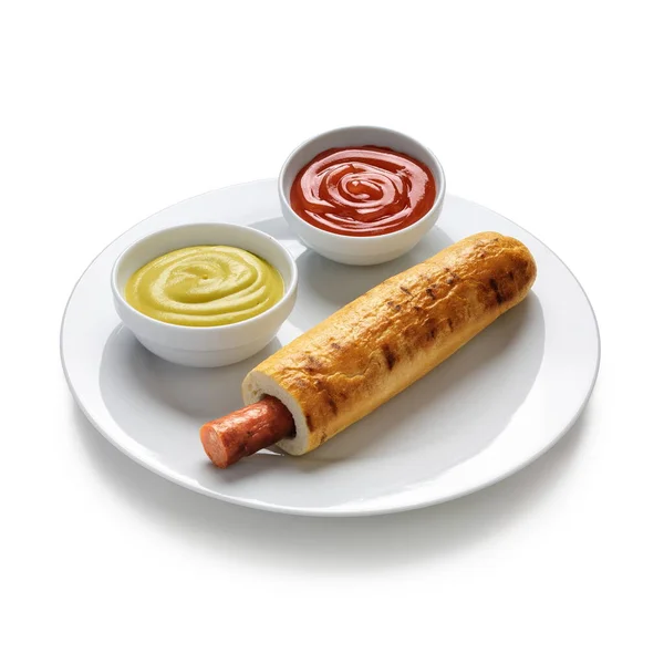 Hot Dog Een Wit Bord Met Mosterd Ketchup Aparte Kommen — Stockfoto