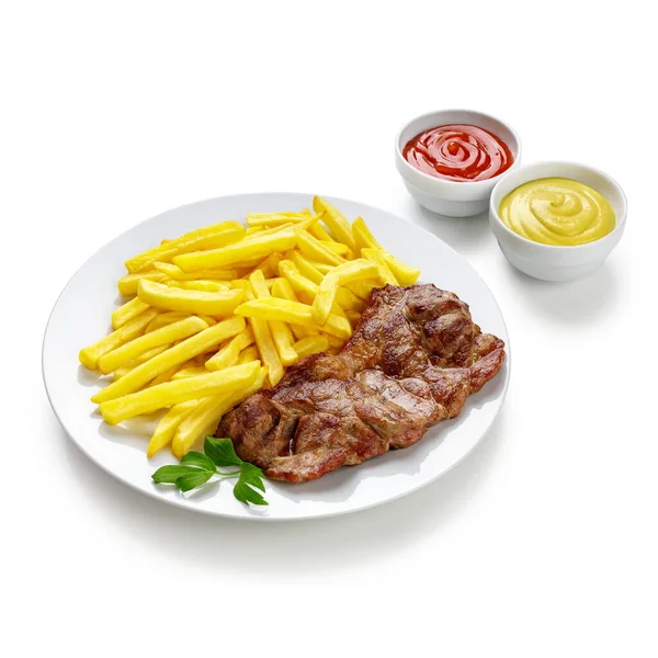 Gegrilde Biefstuk Friet Wit Bord Met Ketchup Mosterdkom — Stockfoto