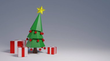 Kırmızı süslemelerle süslenmiş, kırmızı ve beyaz hediyelerle çevrili minimalist bir Noel ağacı. Tatil kartları, dijital sanat veya modern dekor için mükemmel. Projene gösterişli bir dokunuş ekle!