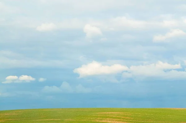 Landskap Med Grönt Fält Och Blå Himmel Med Moln — Stockfoto