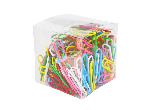 Colorful Paperclips Set Transparent Box Isolated White Background — Stock Photo, Image