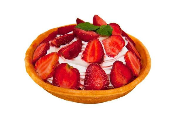 Crunchy Delicious Cake Whipped Cream Fresh Strawberries Isolated White Background — Stock Photo, Image