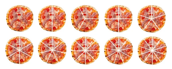 Zestaw Dziesięciu Frakcji Wykonanych Pizzy Pociętych Kawałki Odizolowanych Białym Tle — Zdjęcie stockowe