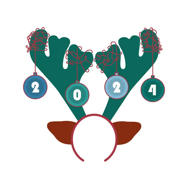圣诞快乐 还有一张印有驯鹿鹿角头巾和白色背景图片的2024年新年贺卡 — 图库矢量图片#