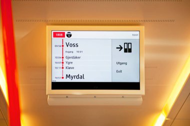 VOSS, NORway - 16 Temmuz 2018: Yolcu bilgilendirme sistemi tren yolculuğunun durumunu ve Voss - Myrdal arasındaki istasyonların listesini gösteriyor