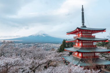 Sakura ve Fuji Dağı manzaralı Chureito Pagoda.