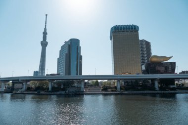 TOKYO, JAPONYAN - 9 Nisan 2023: Skyline binası ve Tokyo Skytree kulesi, Sumida nehrinin yakınlarındaki ünlü bir simge, Tokyo, Japonya 'nın Asakusa ilçesinden manzara