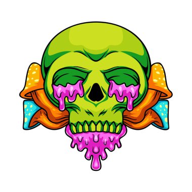 Pembe sıvı ile mantar insan kafatası maskotu karakteri