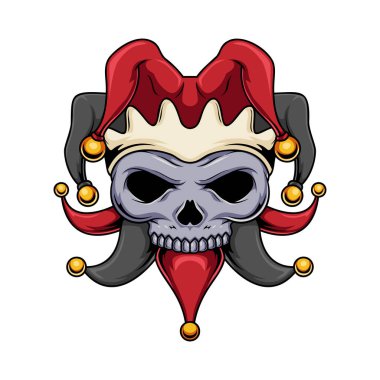 Şapka takan soytarı insan kafatası maskotu karakteri.