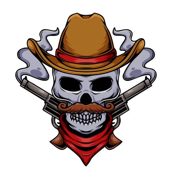Illustration Cowboy Human Skull Character Crossed Pistols — Stock Vector