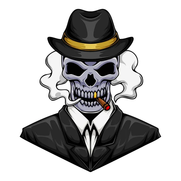 Illustration Personnage Crâne Humain Mafieux Gangster Portant Costume Cigare Fumant — Image vectorielle