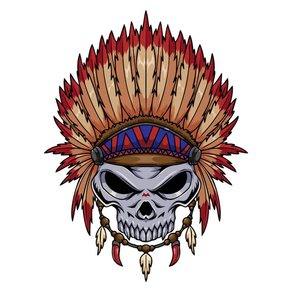 Ilustración Del Personaje Cráneo Humano Indio Tribal Con Tocado Plumas — Vector de stock