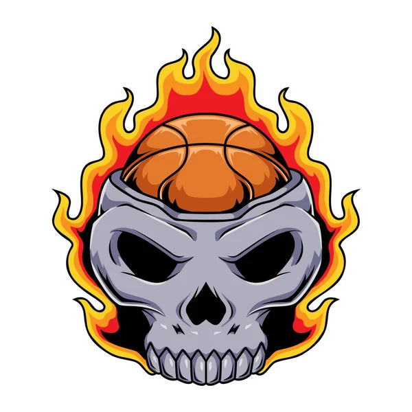 Ilustración Del Personaje Del Cráneo Humano Baloncesto Con Llama Fuego — Archivo Imágenes Vectoriales
