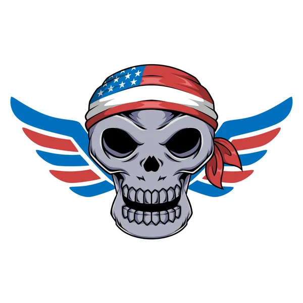 翼とヘッドバンドを持つバイカー人間の頭蓋骨マスコットキャラクターのイラスト — ストックベクタ