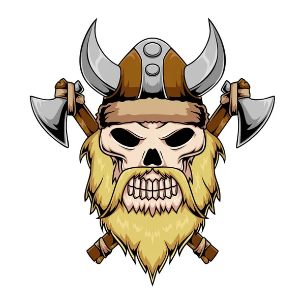 Illustration Personnage Mascotte Crâne Humain Viking Avec Des Haches Croisées — Image vectorielle