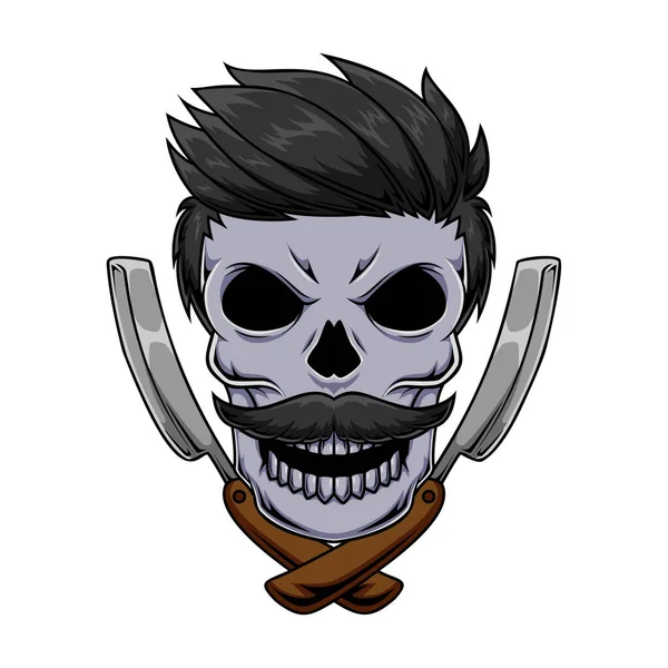 Ilustración Del Personaje Mascota Del Cráneo Humano Peluquero Con Navaja — Vector de stock
